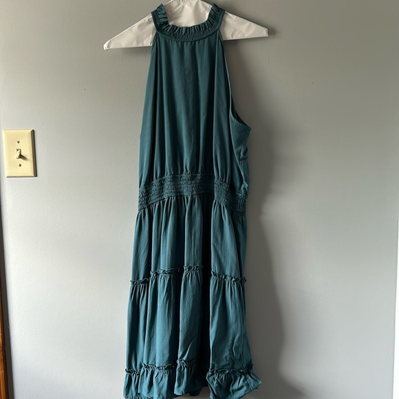 Halter Neck Tired Dress Smocked Waist Teal Green Large - Picture 2 of 11